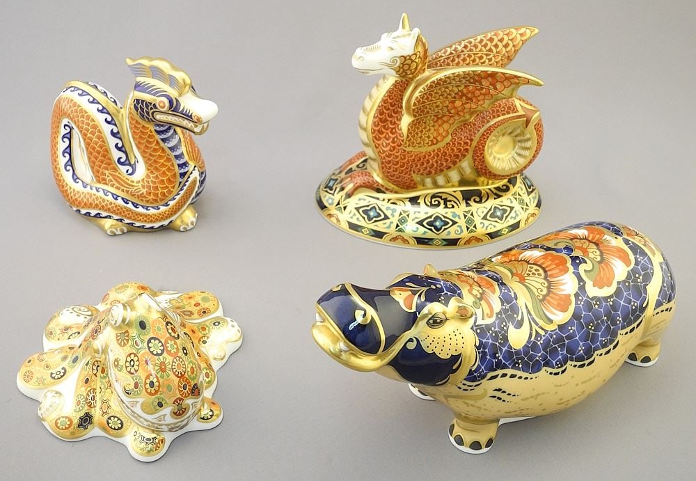 4 Royal Crown Derby Paper Weights: Dragon, Hippopotamus, Octopus, Wessex Wyvern. (1 of 7)