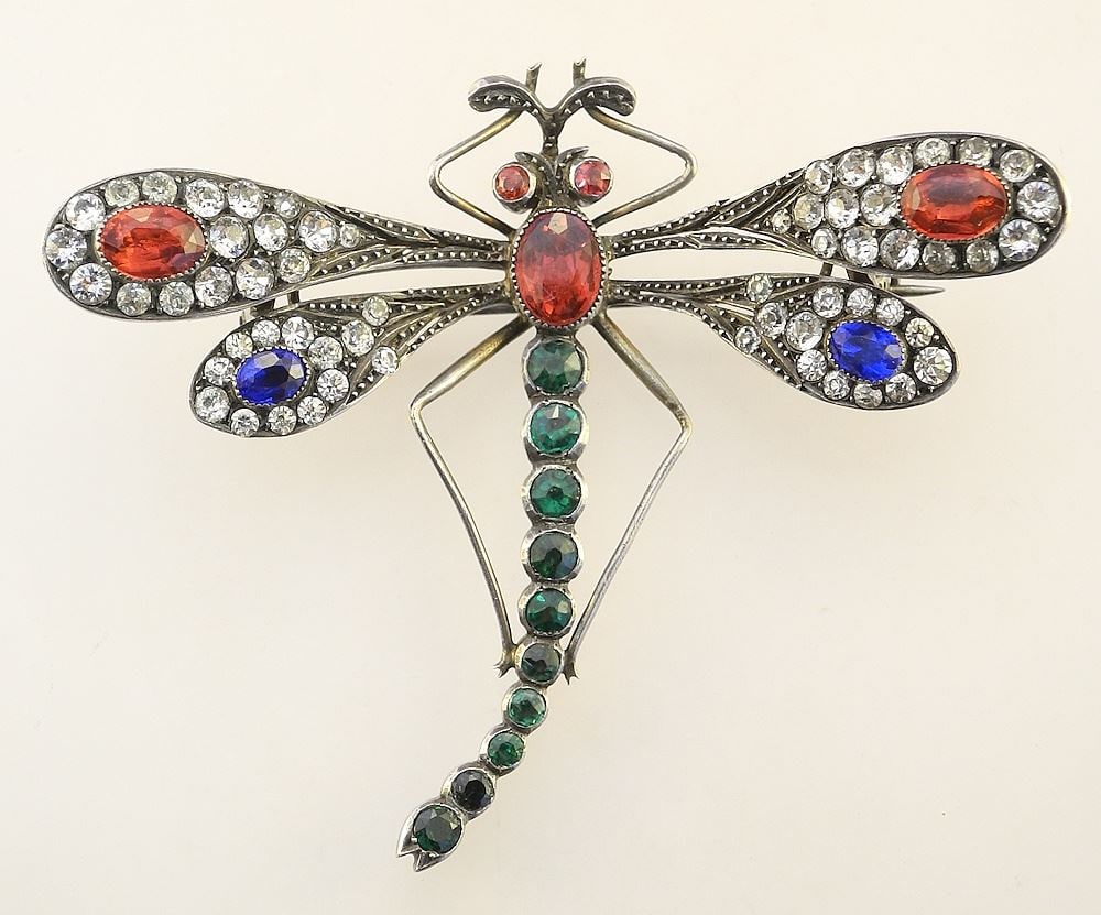 Russian 84 Zolotnik (Marked) & Paste Dragonfly Brooch, 3" Wide, 25.9 Grams: Russian 84 Zolotnik (Marked) & Paste Dragonfly Brooch, 3" Wide, 25.9 Grams