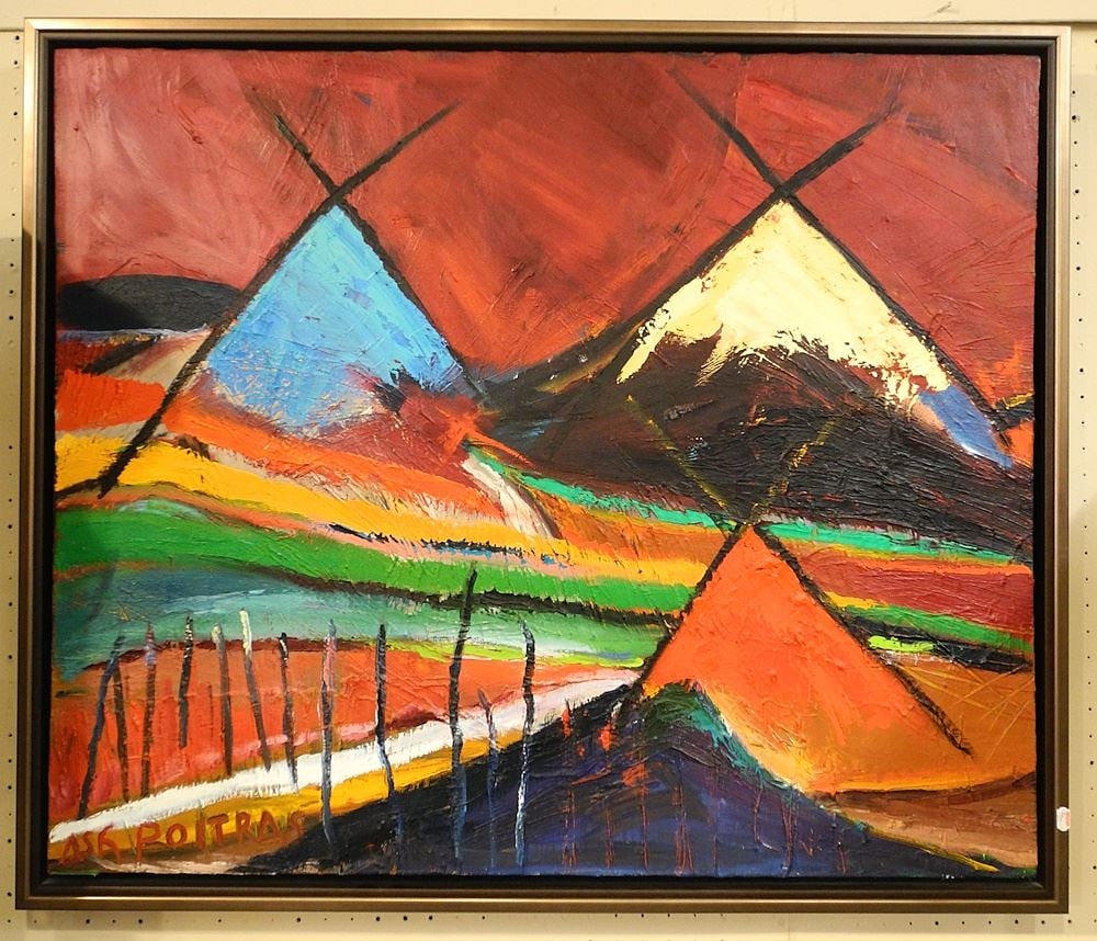 Oil on Canvas signed (Jane) Ash Poitras, 29 7/8 x 35 3/4", "Teepees" Double Sided. (1 of 3)