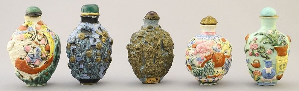 5 Chinese Molded Porcelain Snuff Bottles, Small chips noted on two, 2 1/2" - 2 7/8" High. (1 of 6)