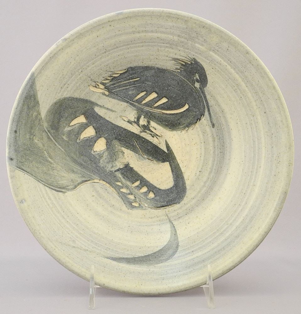 Bird Design Porcelain Dish signed with Impressed mark by Wayne Ngan, 9 1/8" Diameter.: Bird Design Porcelain Dish signed with Impressed mark by Wayne Ngan, 9 1/8" Diameter.