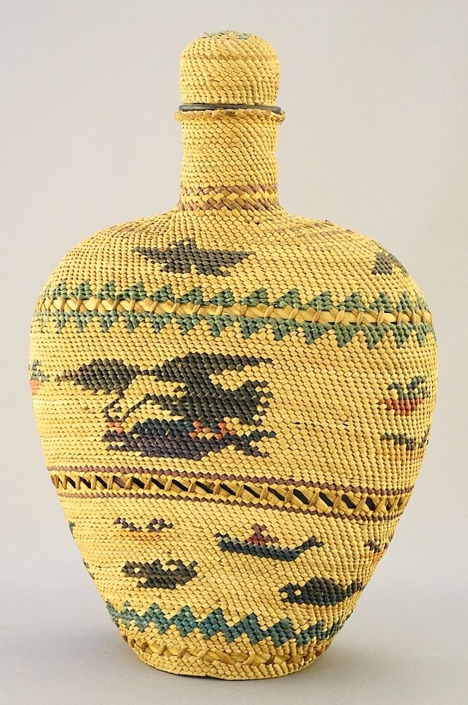 Nuu-Chah-Nulth Bark Covered Bottle and Stopper, 9 1/4"H, "Whaling". (1 of 8)