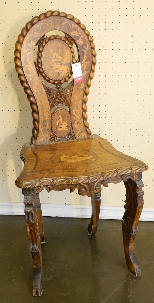 19th Century Swiss Inlaid Mahogany "Hunt" Chair.: 19th Century Swiss Inlaid Mahogany "Hunt" Chair.