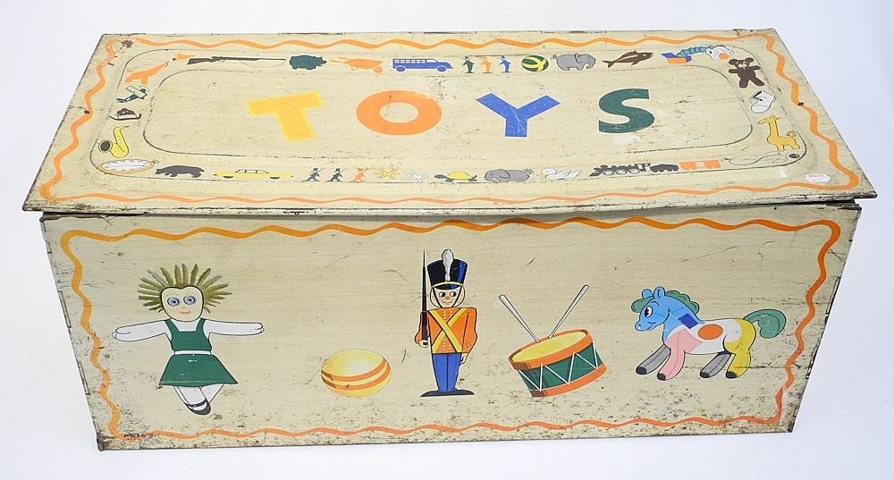 Vintage Tin Litho "Toys" Trunk, 28 1/2"L. (1 of 4)