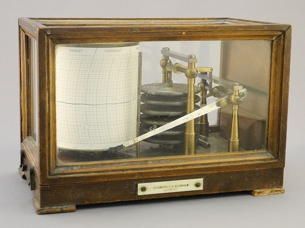 Negretti & Zambra London Barograph, 9 3/4", with Hurricane Graph.: Negretti & Zambra London Barograph, 9 3/4", with Hurricane Graph.