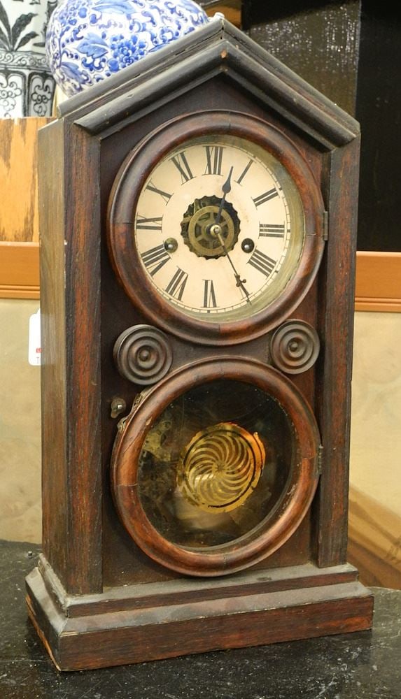 Dark Oak Cased Mantle Clock, No Key, 16 1/2"H. (1 of 2)