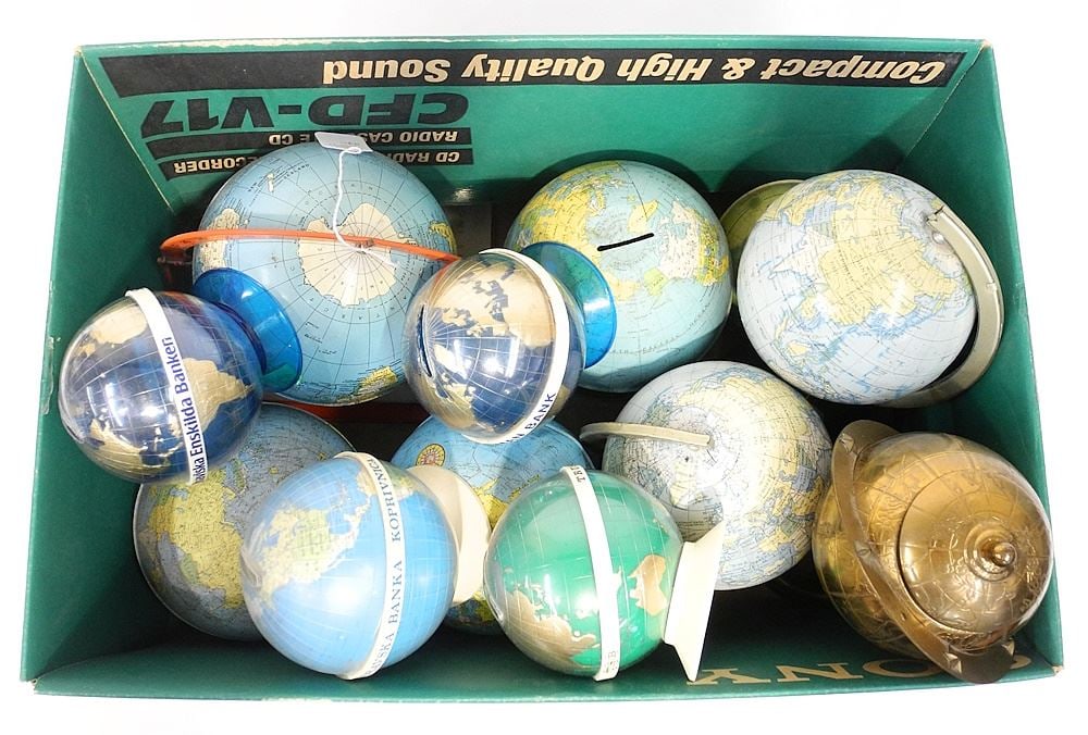 Collection of 12 Vintage 3 3/4 - 5 1/2" Diam. Terrestrial Globe Banks and Globes. (1 of 1)