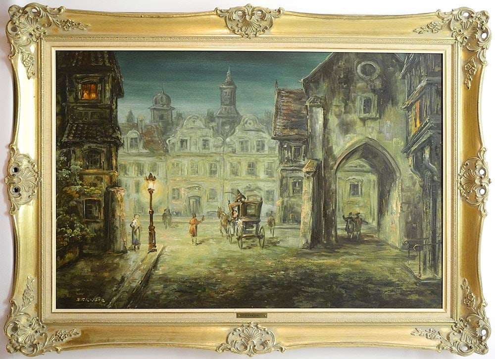 Oil on Canvas Signed E.F. Kaiser, 23 1/8" x 35", "Street Scene with Carriage".: Oil on Canvas Signed E.F. Kaiser, 23 1/8" x 35", "Street Scene with Carriage".