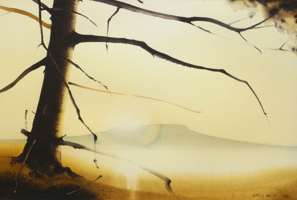 Watercolour signed Alan J. Bruce 1980, 13 1/8" x 20 1/8", "Solitary Tree". (1 of 4)