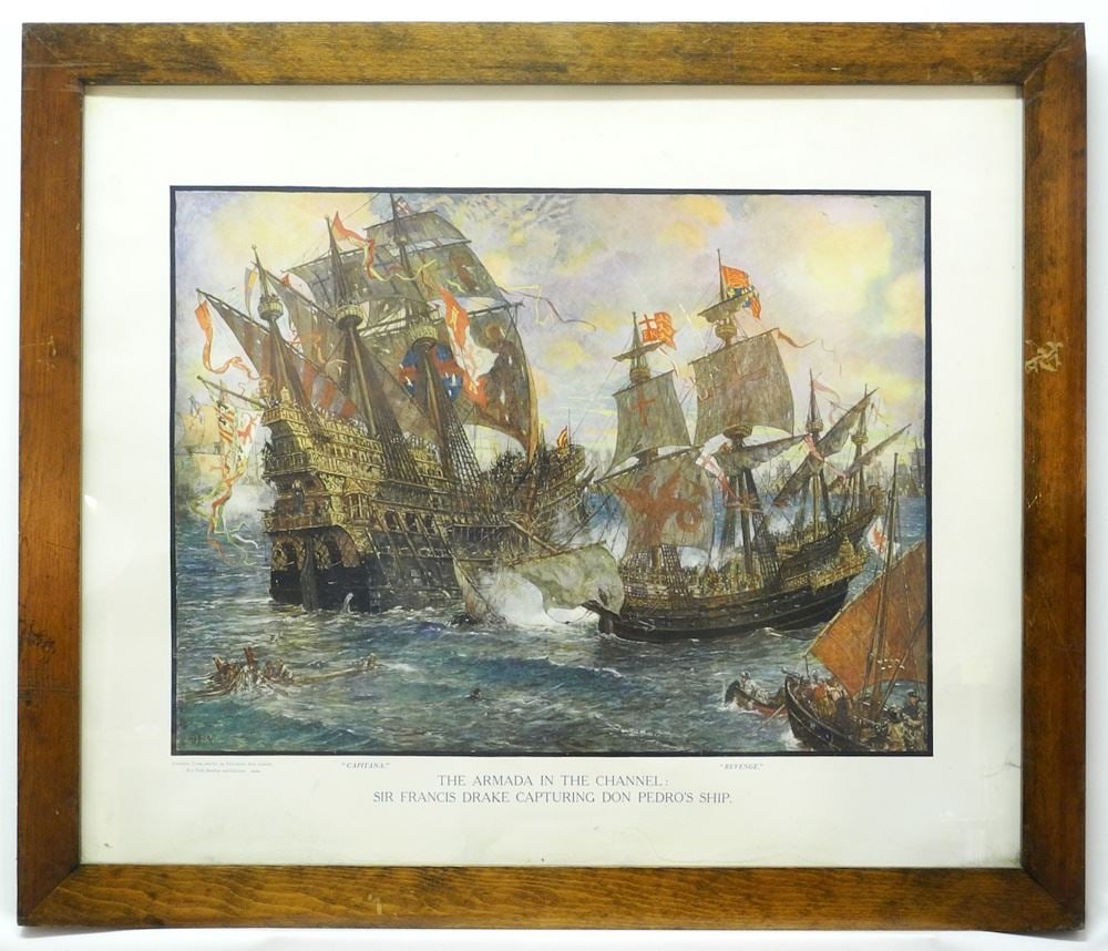2 Prints: "Sr Francis Drake" & "Viking Raid".: 2 Prints: "Sr Francis Drake" & "Viking Raid".
