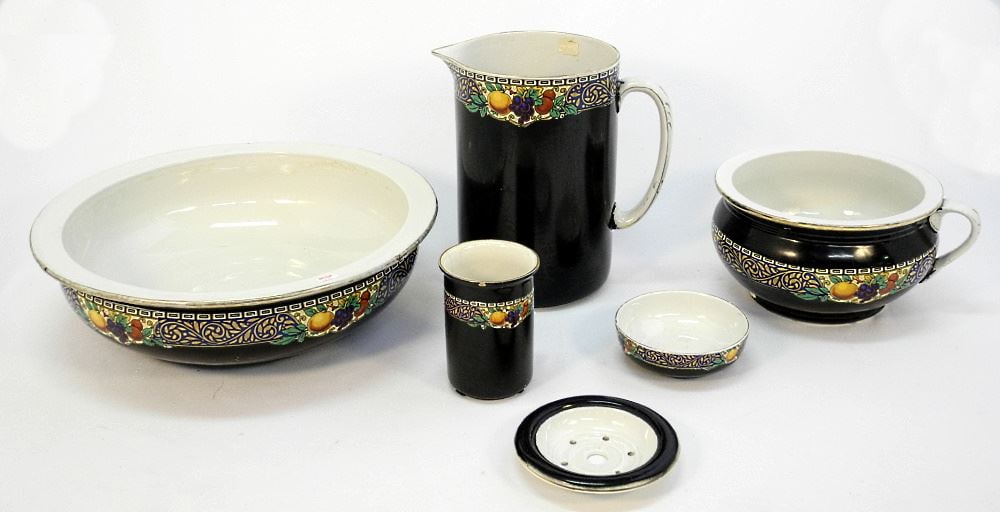 Pitcher & Basin Set (5 Piece), Black Ground with Fruit, Unmarked. (1 of 2)
