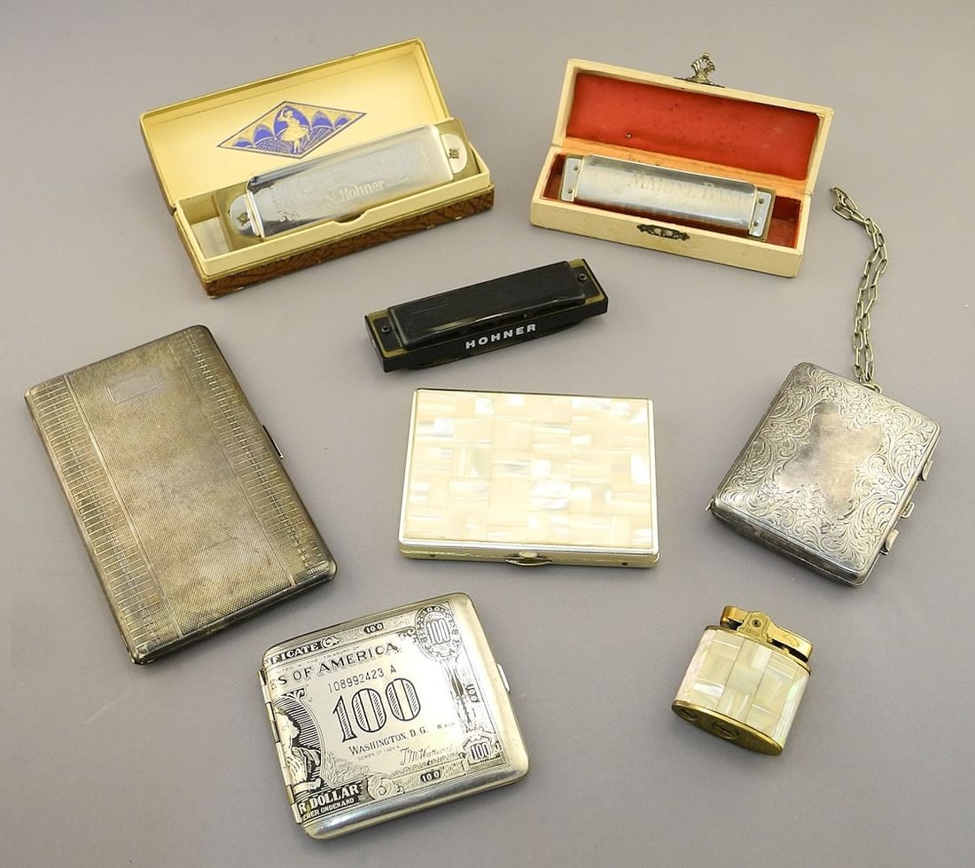 Collection of 3 Mouth Organs and Cigarette Cases.: Collection of 3 Mouth Organs and Cigarette Cases.