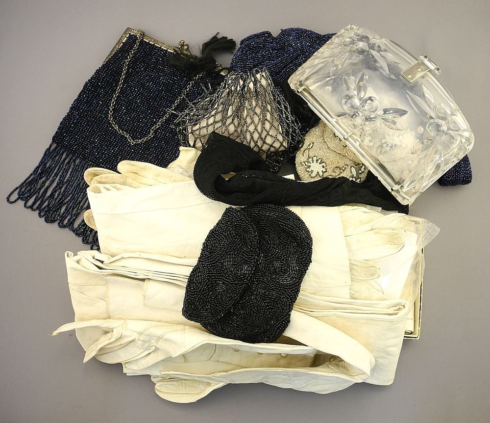 Collection of Evening Bags and Gloves Including Lucite.: Collection of Evening Bags and Gloves Including Lucite.