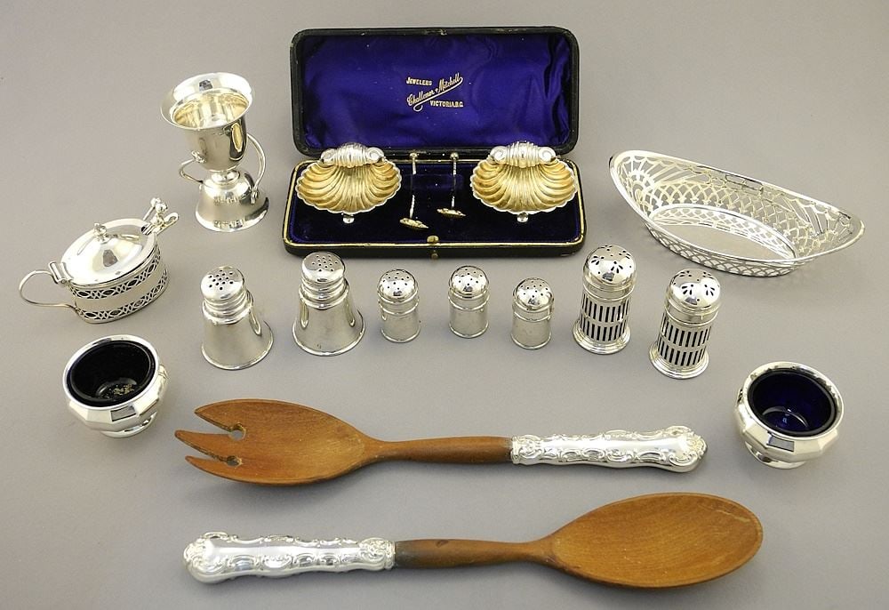 Collection of Sterling Silver Sundries Including Shell Condiments & Jigger, 250 grams.: Collection of Sterling Silver Sundries Including Shell Condiments & Jigger, 250 grams.