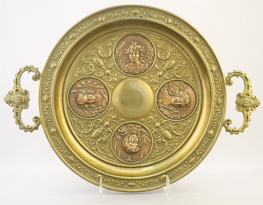 19th Century Brass Tazza inset of Copper Portrait Rondels, 2 3/8 x 14 x 10 1/4". (1 of 5)