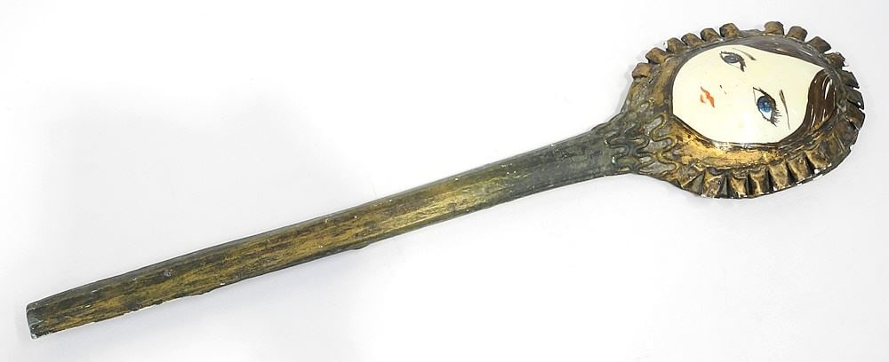 Artisanal Hand Mirror, Mixed Media, 26"L.: Artisanal Hand Mirror, Mixed Media, 26"L.
