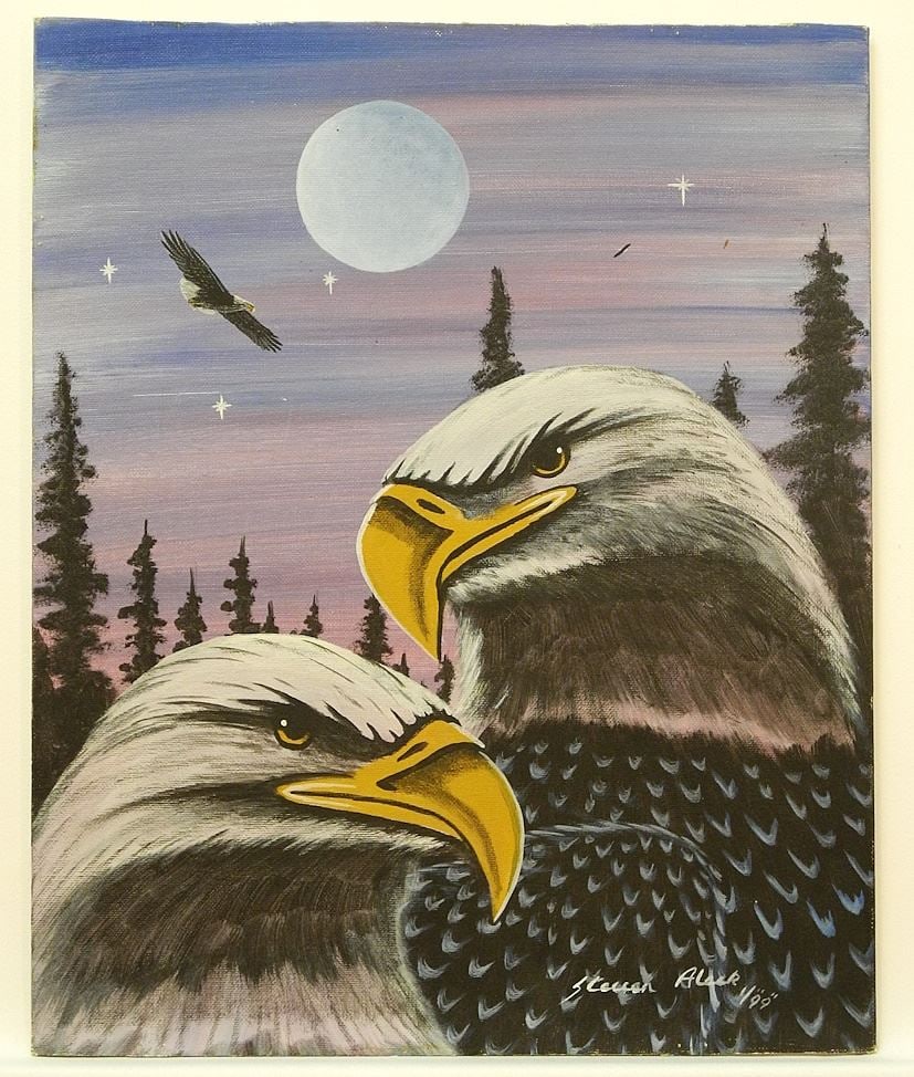 Salish Acrylic on Board signed Steven Aleck, 18" x 14" "Trio of Eagles".: Salish Acrylic on Board signed Steven Aleck, 18" x 14" "Trio of Eagles".