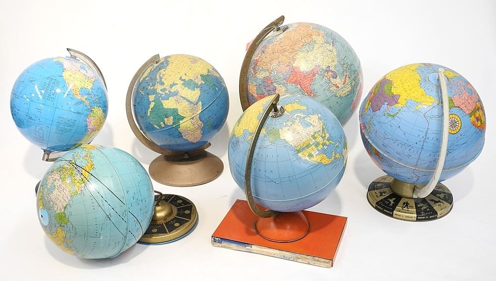 Collection of 6 Vintage 7-10" Diameter Terrestrial Globes.: Collection of 6 Vintage 7-10" Diameter Terrestrial Globes.