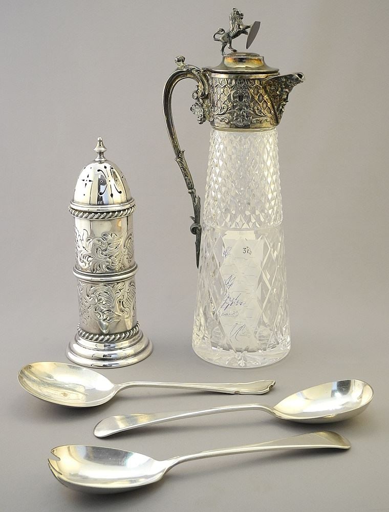 Cut Glass and Silver Plate Claret Jug (12 1/2"H) with Plated Sugar Shaker & Cutlery. (1 of 7)