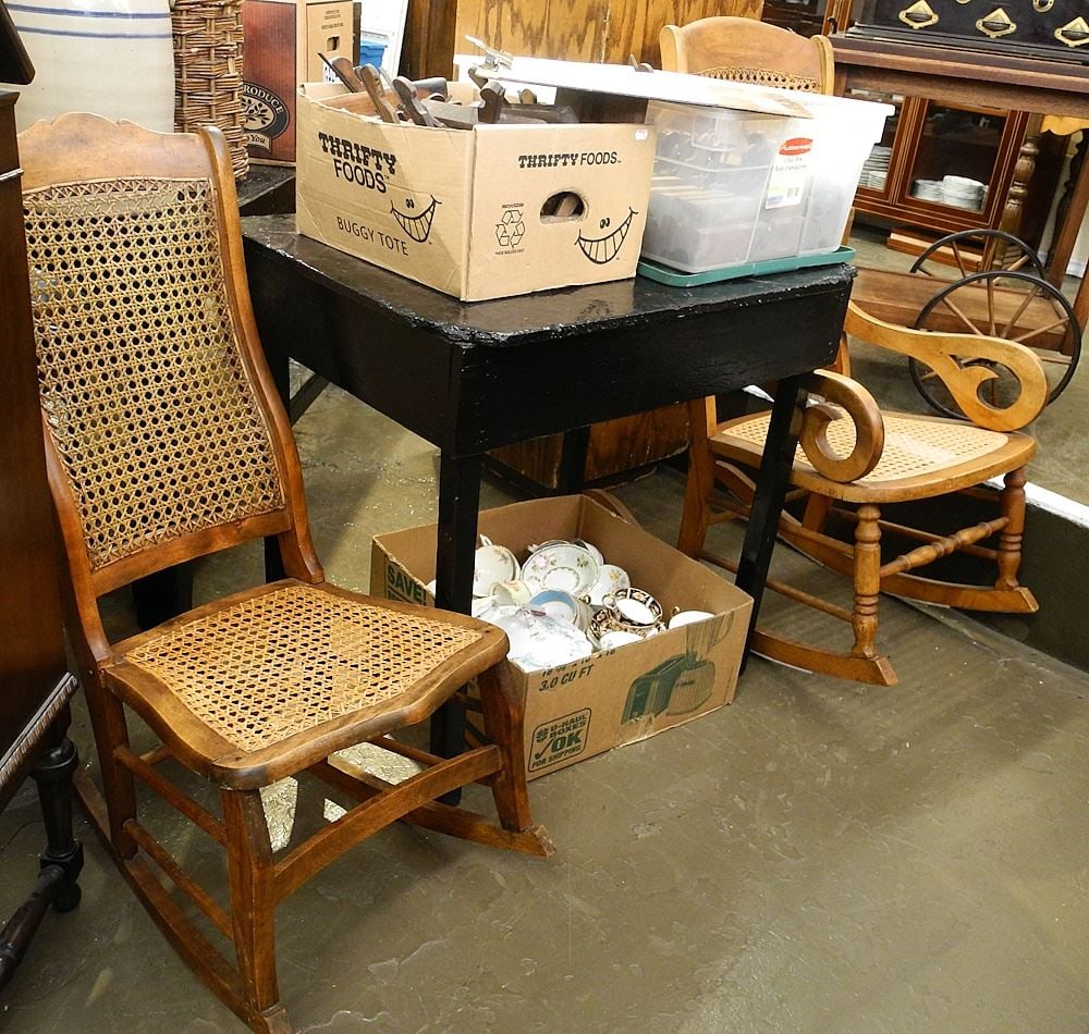 2 Canadiana Maple Cane Inset Rocking Chairs, 36 1/2" and 42 1/2"H.: 2 Canadiana Maple Cane Inset Rocking Chairs, 36 1/2" and 42 1/2"H.