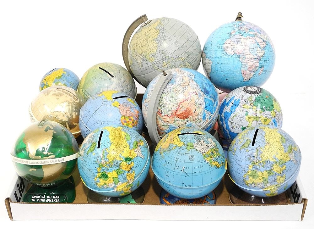 Collection of 12 Vintage 3-5" Diam. Terrestrial Globe Banks & Globes. (1 of 1)