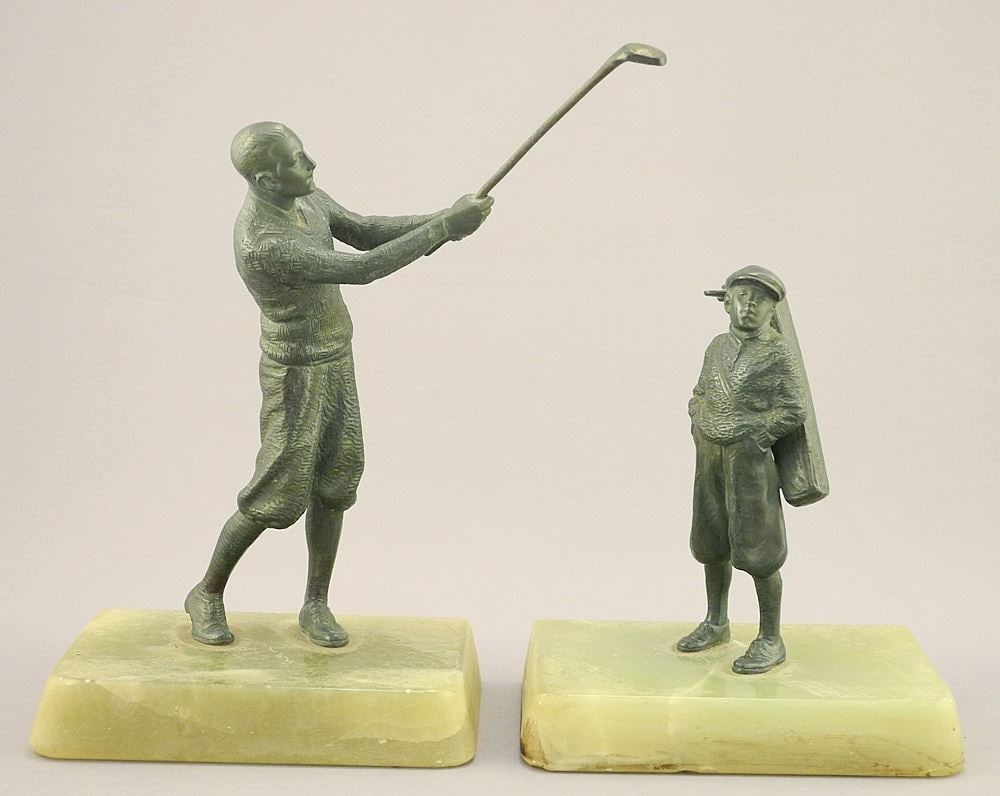 Pair of Art Deco Enameled Metal & Onyx Golf Figures, 5 1/2" & 7 1/2"H. (1 of 2)