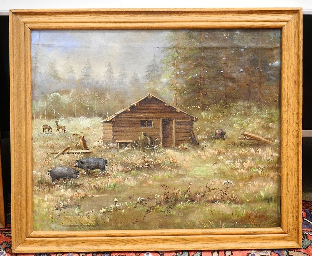 Oil on Canvas signed Richard Schiller, 17 1/2 x 21 1/2", "Hogs on Temple Road".: Oil on Canvas signed Richard Schiller, 17 1/2 x 21 1/2", "Hogs on Temple Road".
