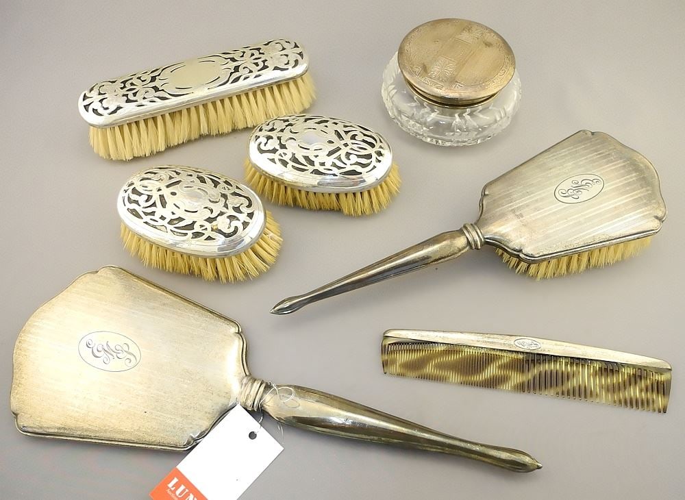 2 Partial Sterling Silver Dresser Sets, and Dresser Jar (7 pcs), Mirror 13 1/4". (1 of 4)