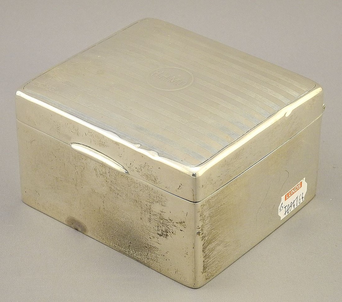 Hallmarked Silver Cigarette Box, Monogrammed, 3 7/8"w. - 275 grams.: Hallmarked Silver Cigarette Box, Monogrammed, 3 7/8"w. - 275 grams.