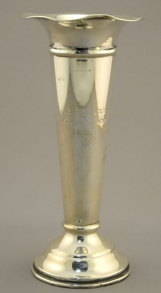 Hallmarked Silver Bud Vase Insc. E.G. Oliver Woodenbridge Golf 1914, 6 3/4"h. - 230 grams. (1 of 6)
