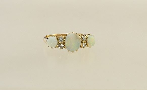 14K (Tested) Yellow Gold & Opal Ring with 3 Diamonds, Size 6 1/2, 2.90 Grams (1 of 3)