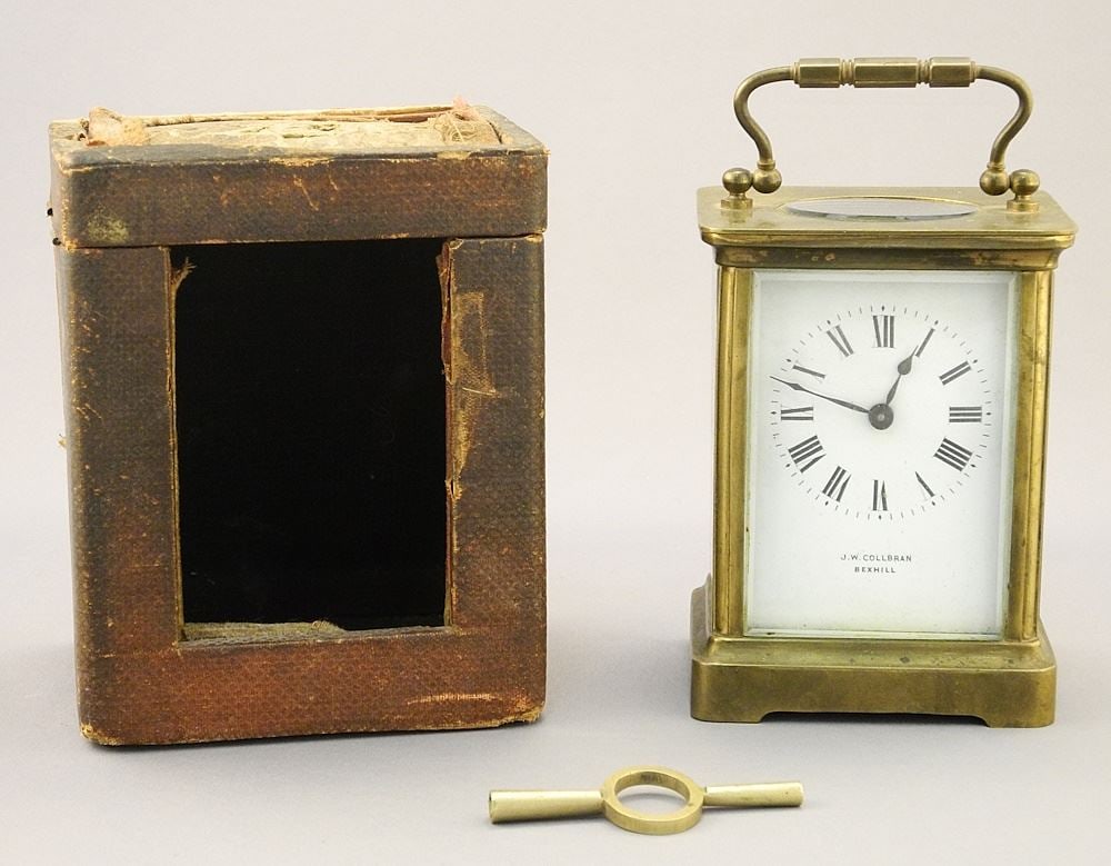 Brass Carriage Clock, Dial Signed J.W. Collbran Bexhill, 4 1/4"H, (case as found). (1 of 5)