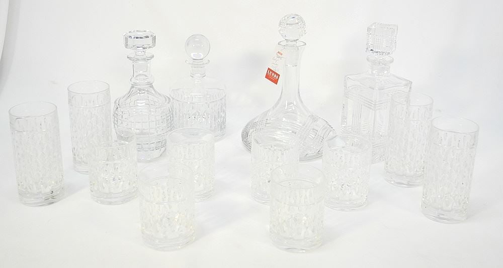 4 Ralph Lauren Crystal Decanters & 10 Glasses (2 Sizes) Incl. Glen Plaid, 8 5/8" - 10 3/4" Hi (1 of 3)