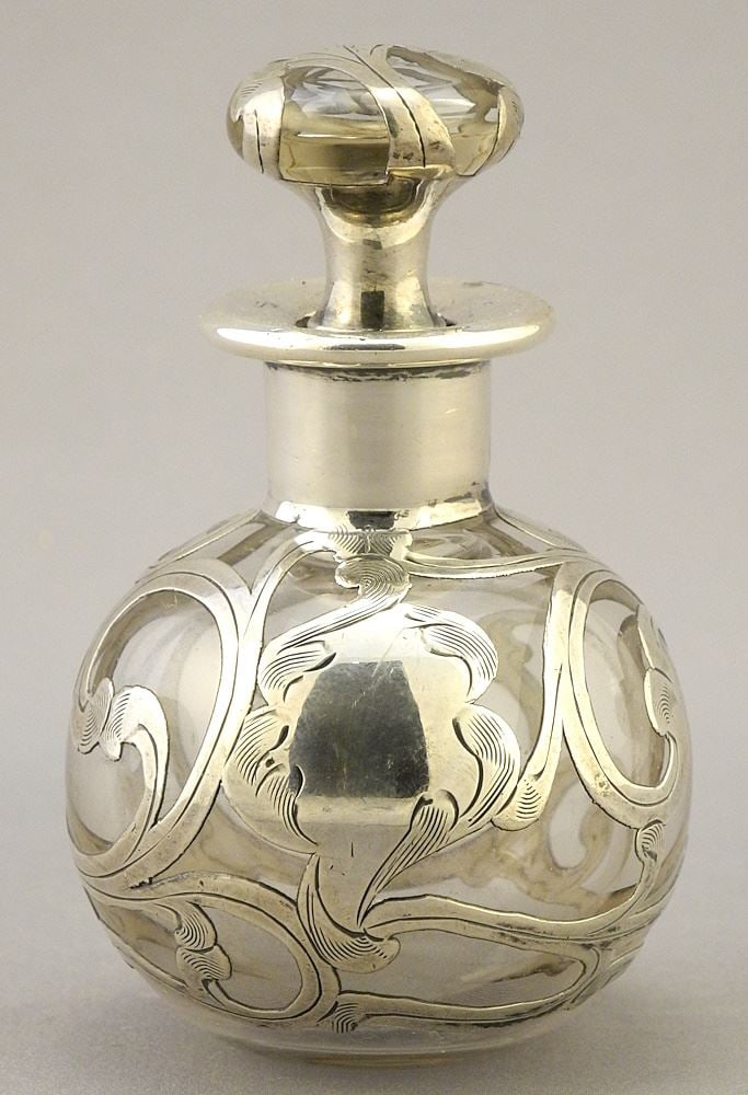 Sterling (marked) Overlay Scent Flask, Base Engraved 82, 3"H.: Sterling (marked) Overlay Scent Flask, Base Engraved 82, 3"H.