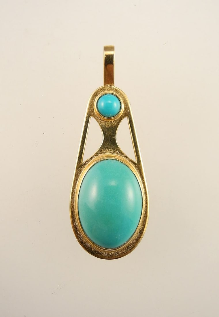 14K (Marked) Yellow Gold & Double Chrysoprase Cabochon Pendant, 1 1/2" High, 3.8 Grams (1 of 3)