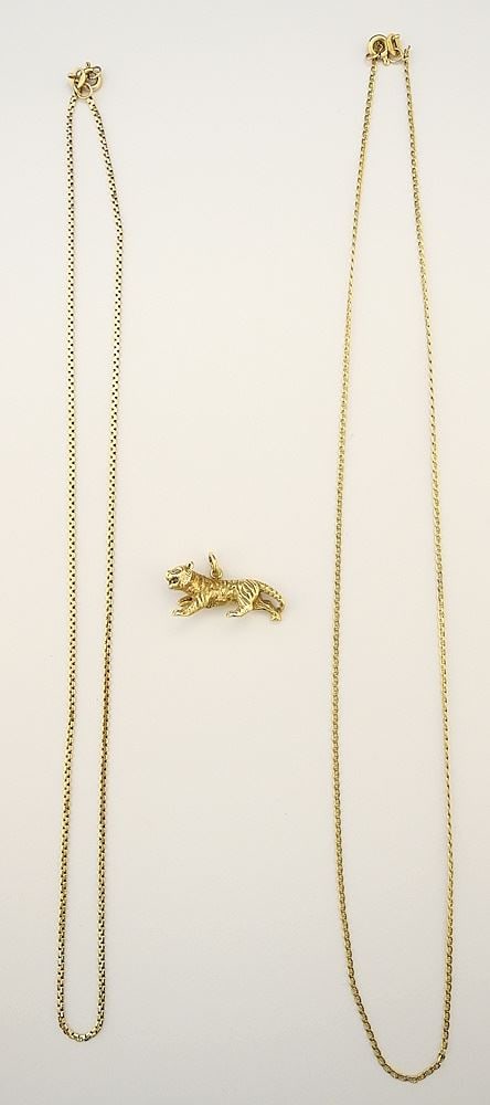2 Gold Chains: 10K / 2.4 Grams / 16 1/2" & 14K / 2.1 Grams / 18 1/4" with Tiger Charm Marked 14 (1 of 3)