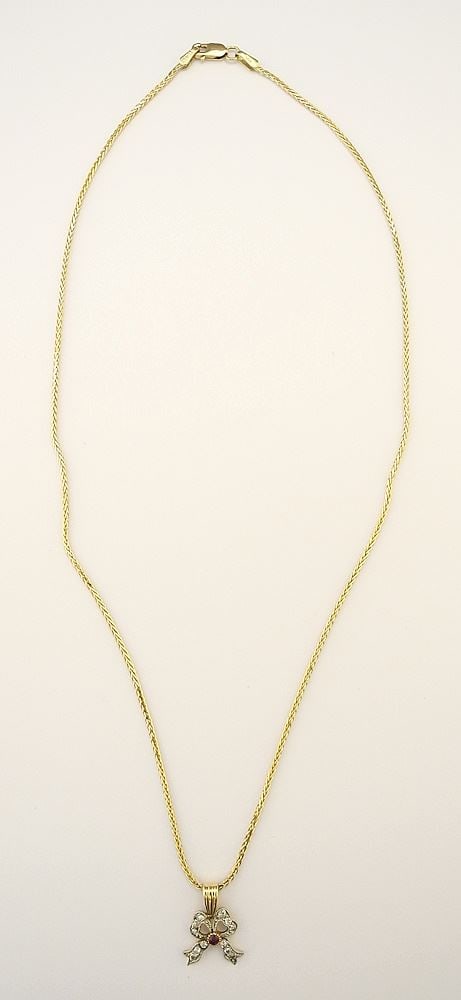 Contoli 14K (marked) Gold Chain with White & Purple Stone "Bow" Pendant, unmarked, TW 4 Grams. (1 of 2)