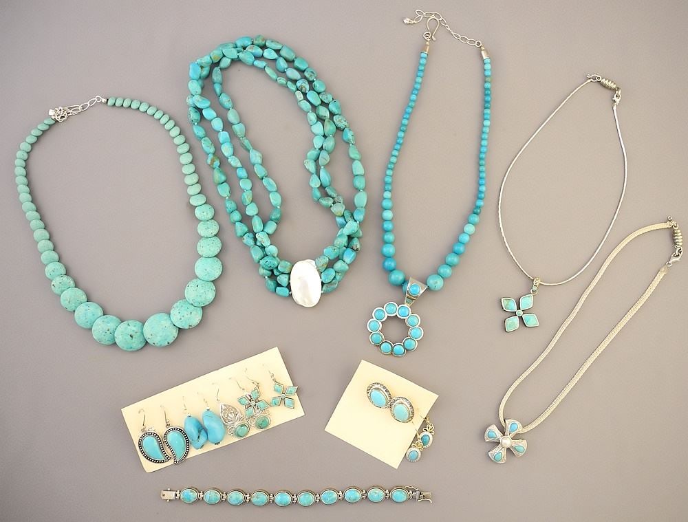 Collection of Turquoise Jewelry, Sterling Settings: 5 Necklaces, 6 Pairs of Earrings, 1 Brace (1 of 3)