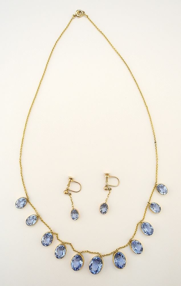 9 CT (marked) Gold & Faceted Blue Stone Necklace & Earring Set, 16 1/2 "L, TW 12.2 Grams. (1 of 2)