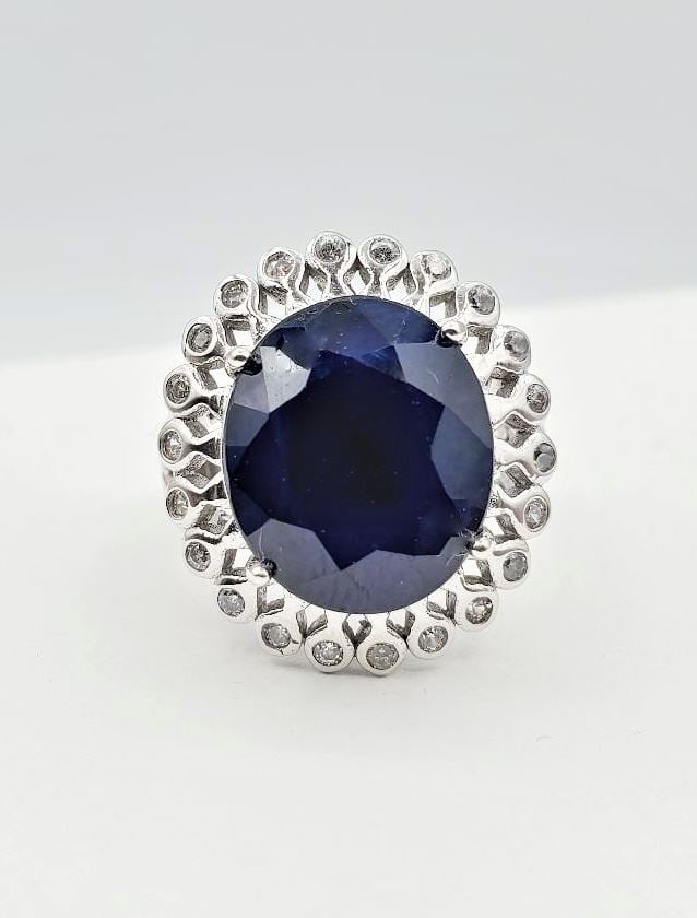 Sterling Silver, Sapphire & CZ Ring, Sapphire TW:9.19Cts, Size 5 3/4. (1 of 3)