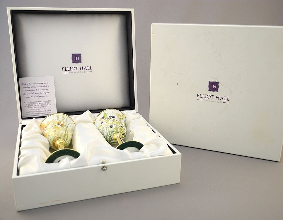 Pair of Elliot Hall Enamel Goblets in Original Box with Certificate, 4 7/8"H.: Pair of Elliot Hall Enamel Goblets in Original Box with Certificate, 4 7/8"H.