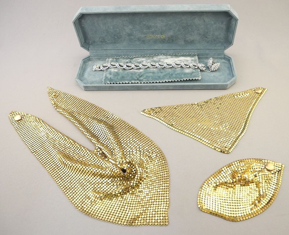 3 pc Gilt Mesh Evening set with Ice Blue Rhinestone Bracelet (7"L) and Earrings. (1 of 4)