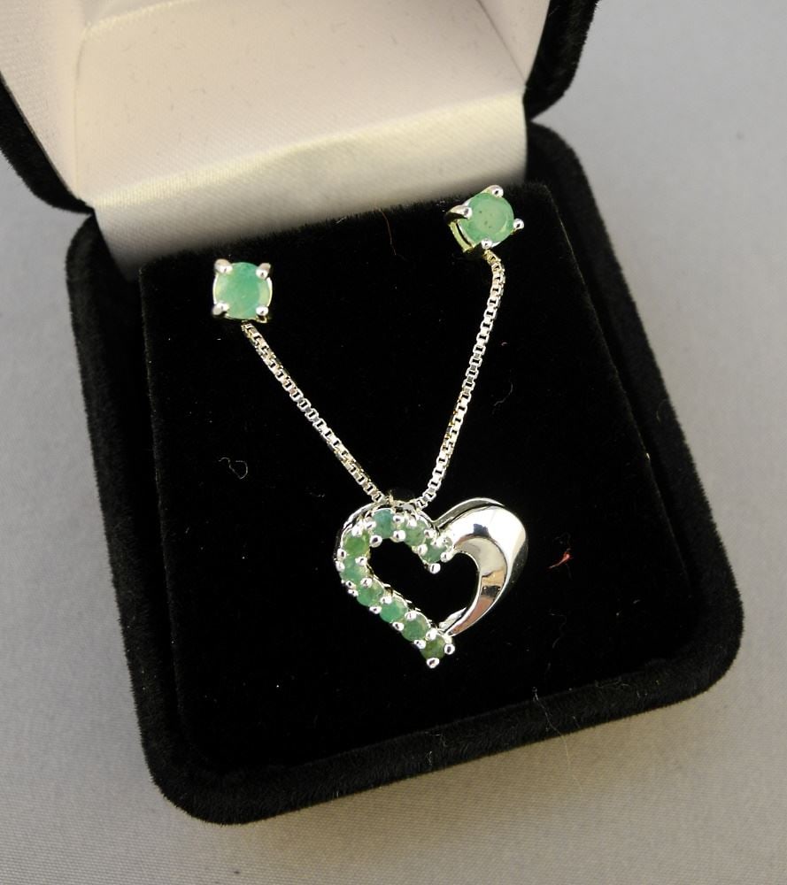 Sterling Silver & Emerald Earrings, Pendant & Chain. (1 of 1)