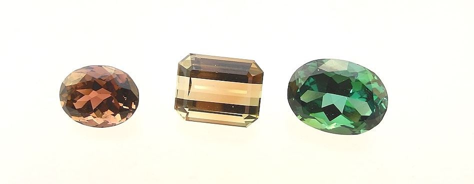 3 Tourmaline: ct 9.67 cognac / 8.7 Green/Yellow / 4.94 Violet/Pink. (1 of 2)