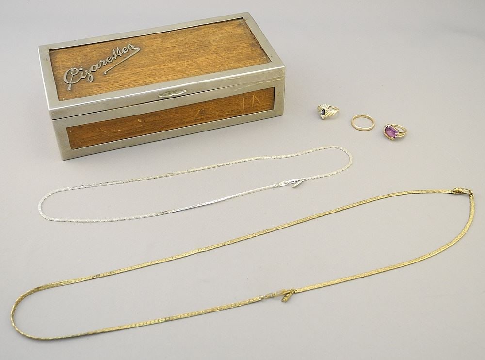 Cigarette Box with 3 Rings (2 14K & 1 10K) and 2 Plated Necklaces. (1 of 6)