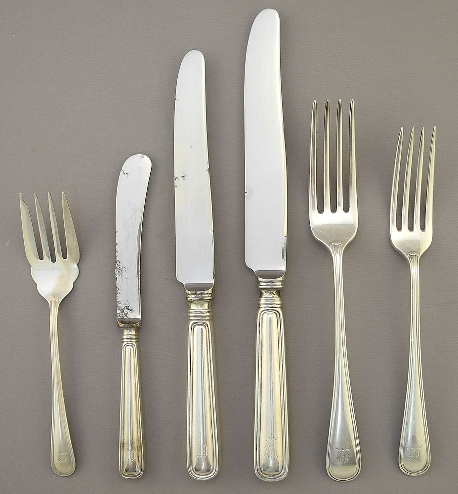 Set of Birks Sterling Silver "Saxon" Flatware, 1900 grams / Knives, 1550 grams, Monogrammed M. (1 of 5)