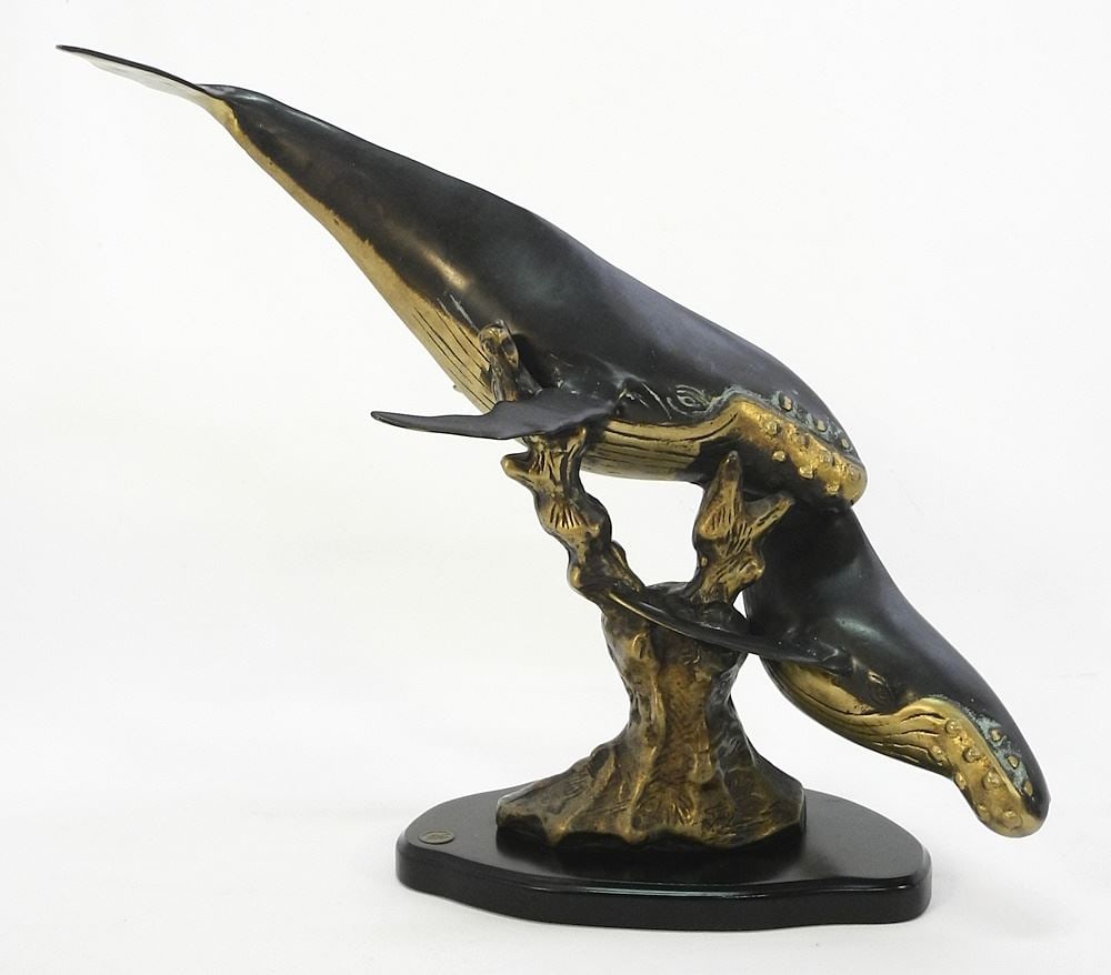 Bronze Sculpture Monogrammed SPI (SPI Home), 14 3/8 x 11 1/2 x 17", "Humpback Whales". (1 of 3)