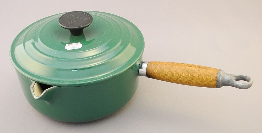 Lightly Used Le Creuset Round Casserole with Pour Spout and Wooden Handle, #18, Green. (1 of 4)