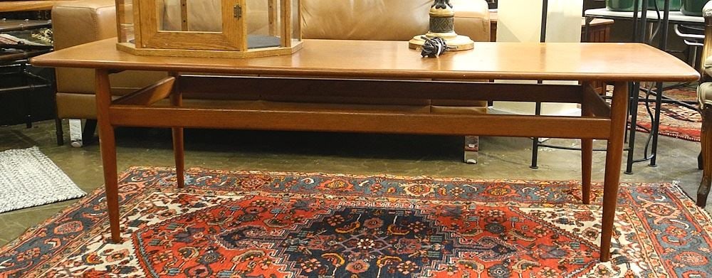 Trioh Denmark Danish Modern Teak Low Table, 70"L (as found). (1 of 4)