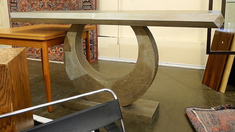 Silver Finish Cresent Shaped Console Table, 36 x 72 x 22". (1 of 3)